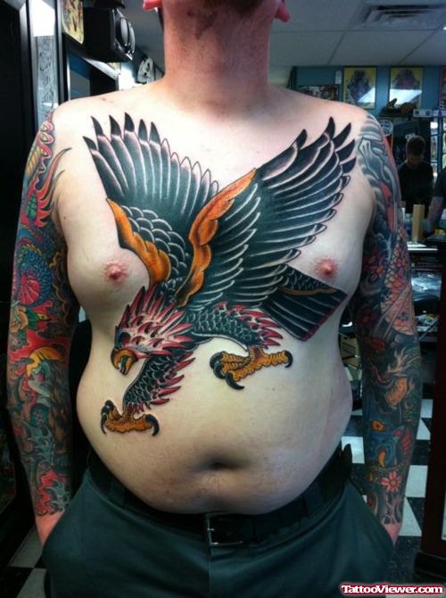 Man With Traditional Eagle Tattoo On Chest