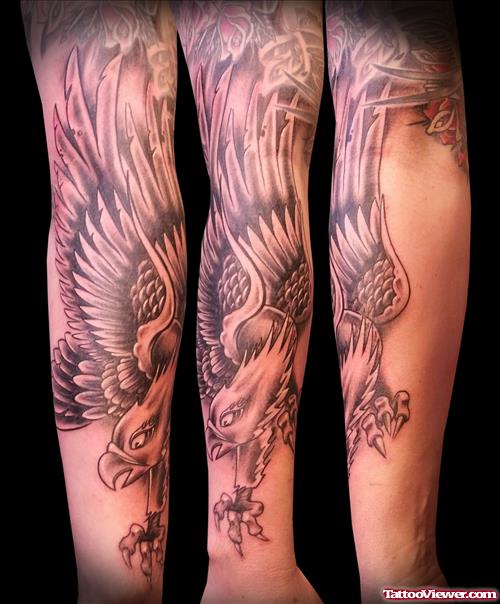 Grey Ink Traditional Eagle Tattoo On Sleeve