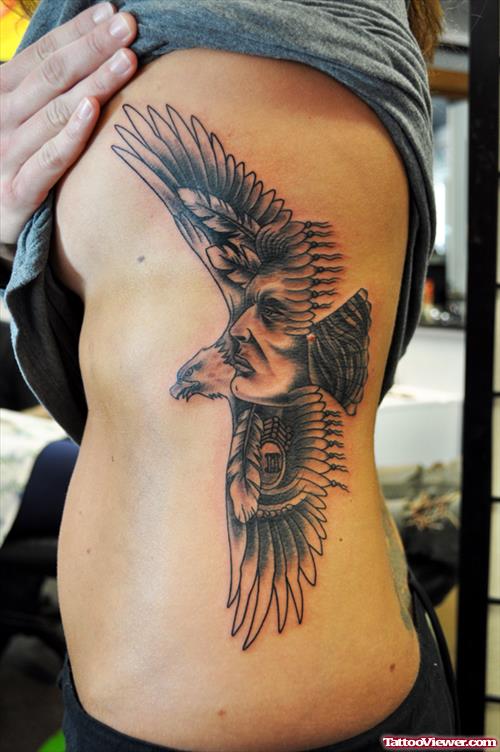 Grey Ink Rib Side Eagle Tattoo