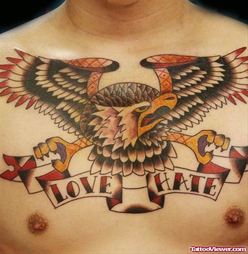 Flying Eagle And Love Hate Tattoo On Chest