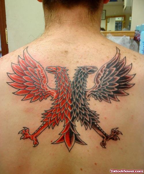 Red And Black Ink Eagle Tattoo On Upperback