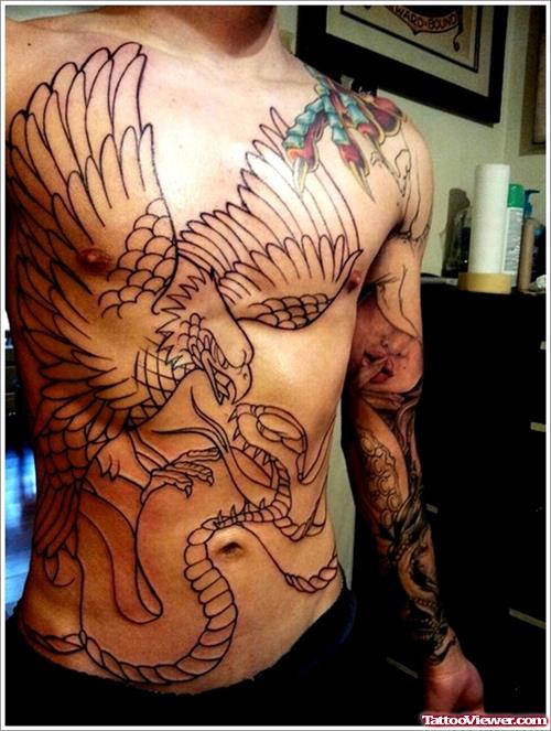 Outline Eagle And Snake Tattoo On Chest