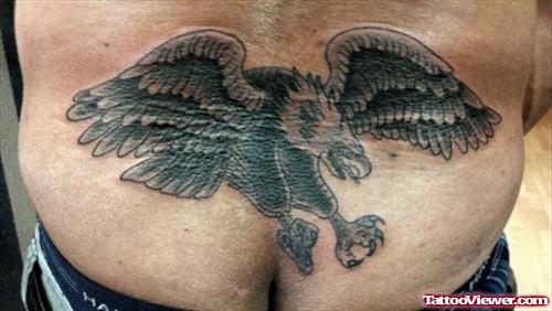 Grey Ink Flying Eagle Tattoo On Lowerback
