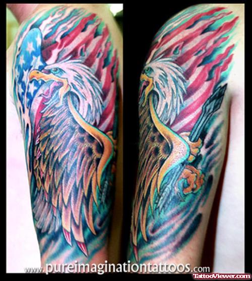 Colored Eagle Tattoo On Half Sleeve