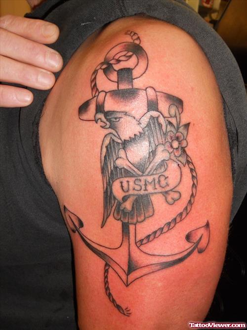 Anchor And Eagle Tattoo On Shoulder