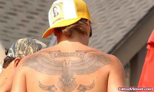 Open Wings Eagle And American Banner Tattoo On Upperback