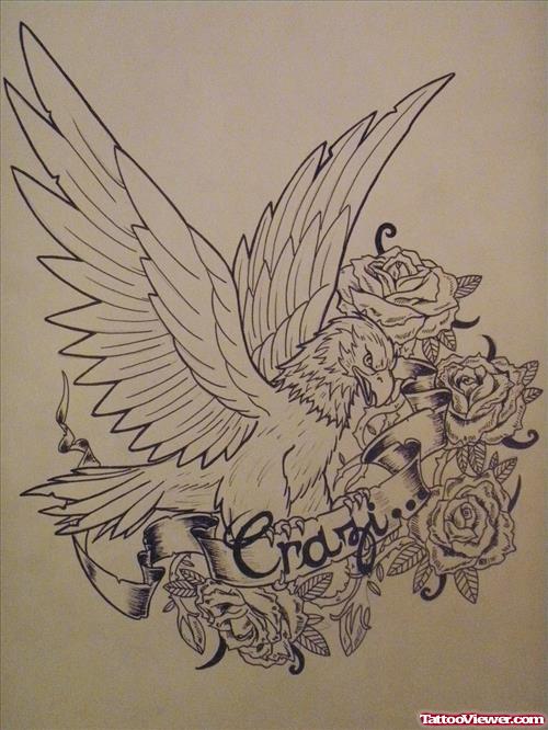 Rose Flower And Eagle Tattoo Design