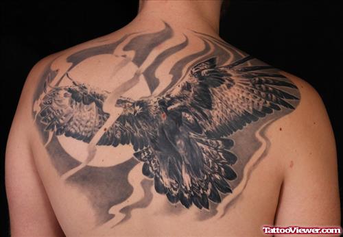 Moon and Flying Eagle Tattoo On Upperback