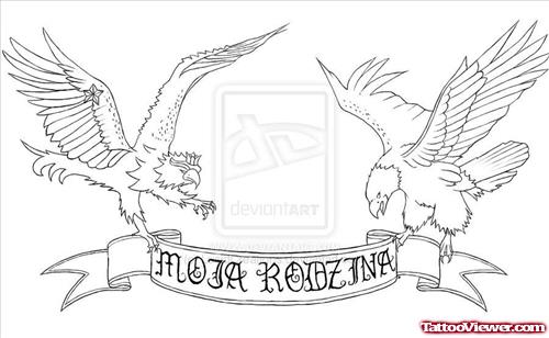 Flying Eagles And Banner Tattoo Design