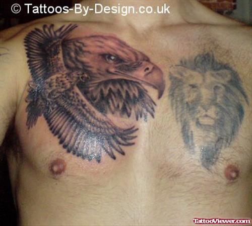 Eagle And Lion Head Tattoo On Chest