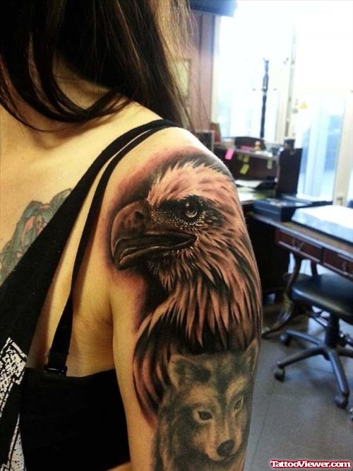 Dark Ink Eagle Head And Wolf Head Tattoo