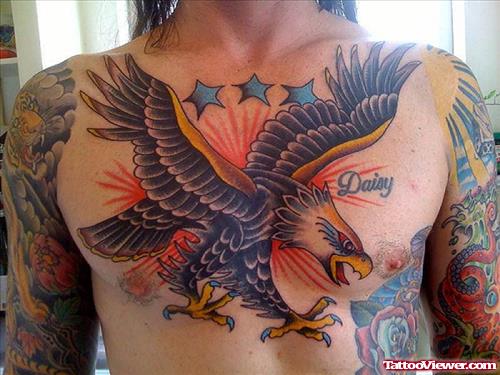 Blue stars And Eagle Tattoo On Chest