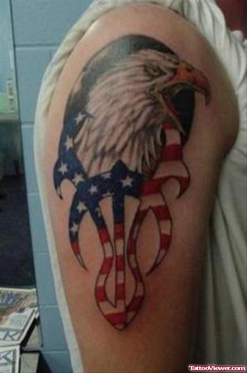 Amrican Eagle And Us Flag Tattoo On Right Half Sleeve