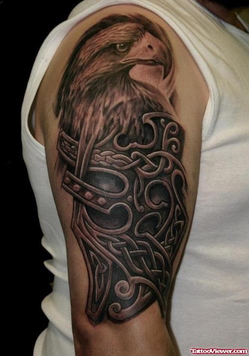 Grey Ink Celtic Eagle Tattoo On Half Sleeve