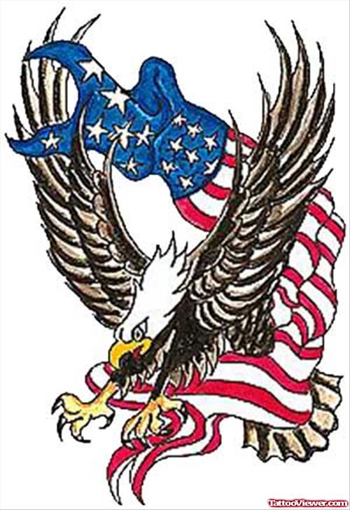 Flying Eagle With American Flag Tattoo Design