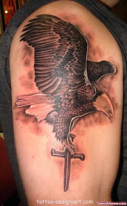 Eagle With Cross Tattoo On Right Half Sleeve