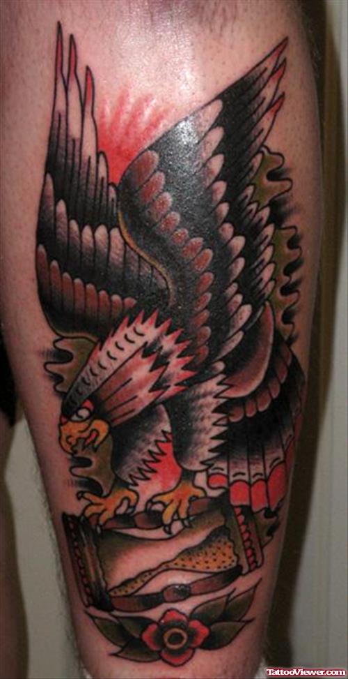 Dark Ink Eagle Tattoo On Leg