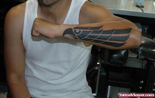 Black Tribal Eagle Tattoo On Left Arm