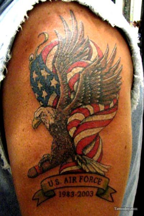 Flying Eagle With Us Flag Tattoo On Half Sleeve