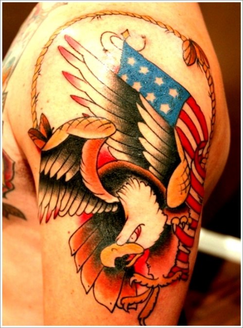 Eagle And Color Us Flag Tattoo On Half Sleeve