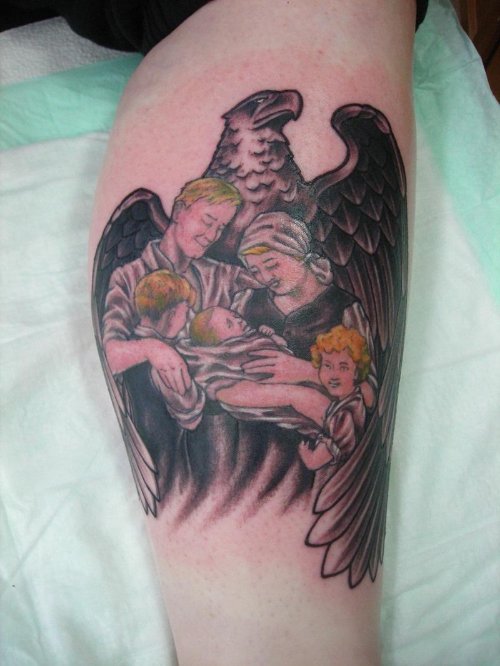 Eagle And Family Tattoo On Leg