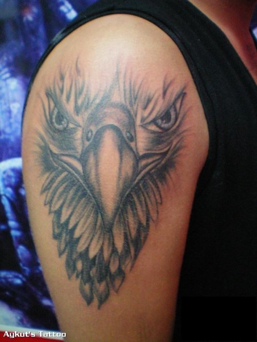 Grey Ink Eagle Head Tattoo On Half Sleeve