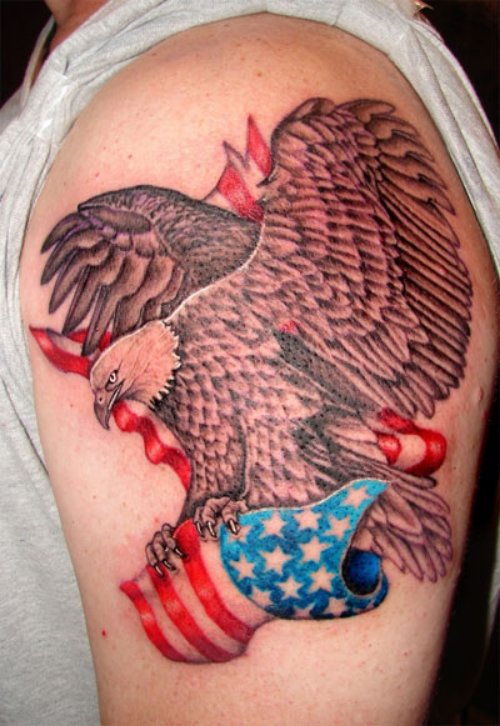 Us Flag And Eagle Tattoo On Left Half Sleeve