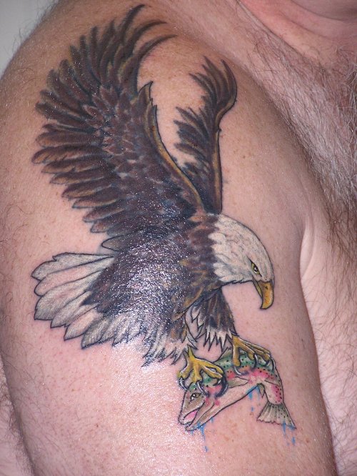 Eagle With Fish In Claws Tattoo On Right Shoulder