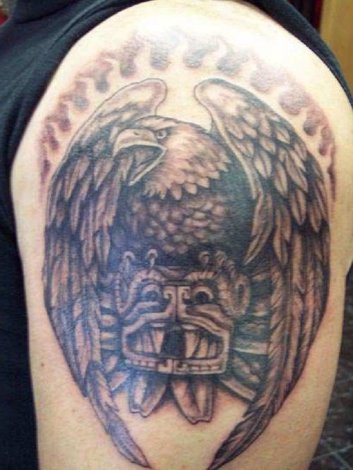 Grey Ink Left Shoulder Eagle Tattoo