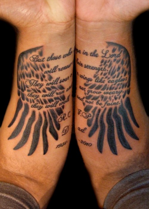 Memorial Eagle Wings And Lettering Tattoo On Arms
