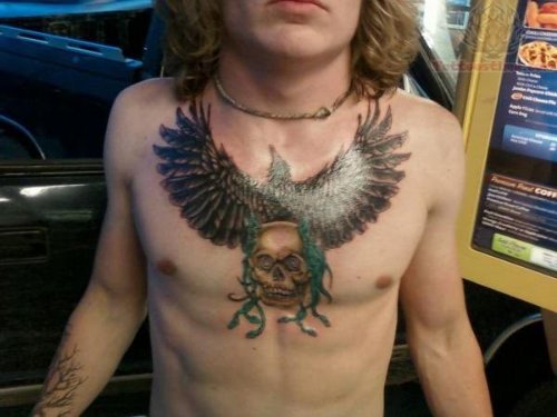 Classic Skull And Eagle Chest Tattoo