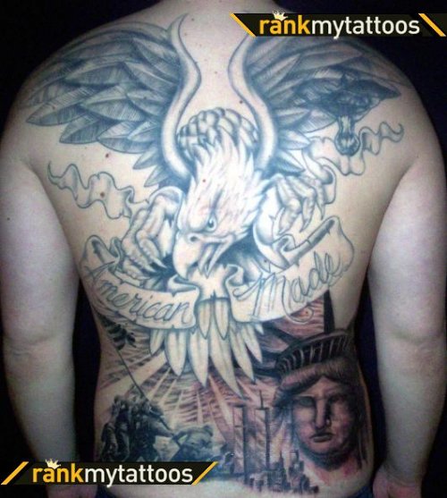 American Made Banner And Eagle Tattoo On Back
