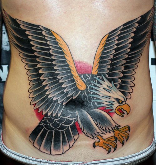Flying Eagle Colored Tattoo On Belly
