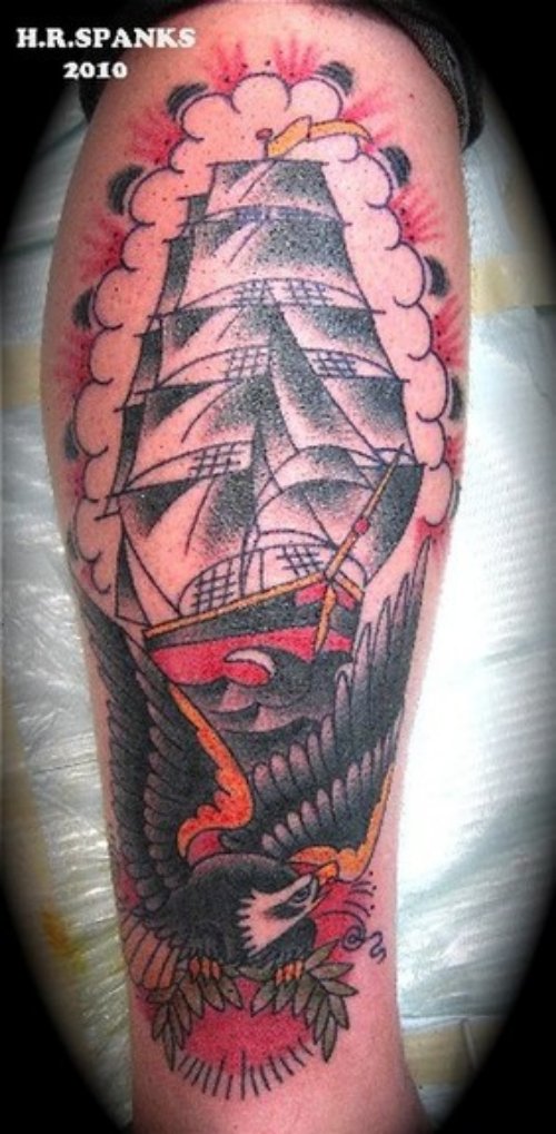 Ship And Eagle Colored Tattoo