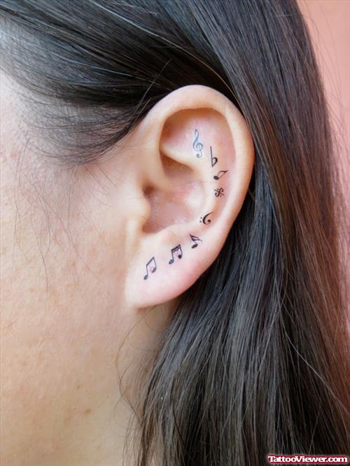 Tiny Music Notes Ear Tattoos For Girls