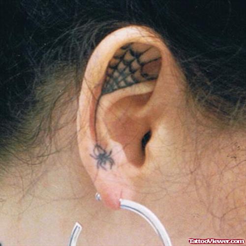 Spider Web And Spider Ear Tattoo