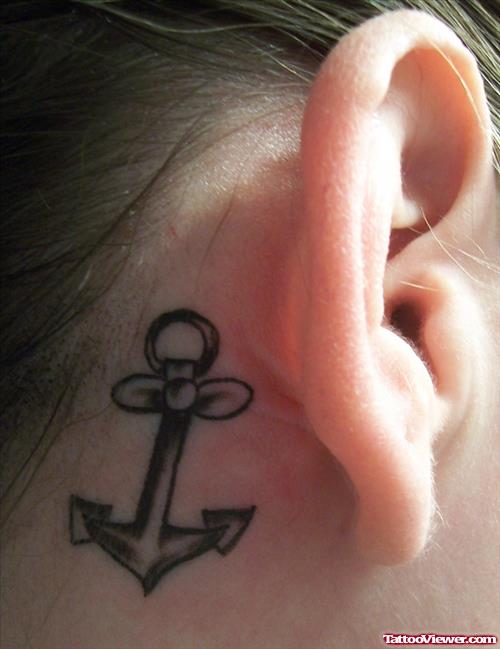 Grey Ink Anchor Behind Ear Tattoo