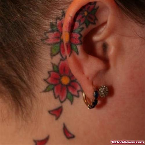 Red Cherry Blossom Flowers Ear Tattoo