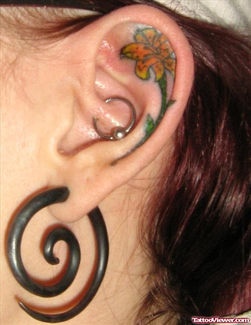 Yellow Flower Ear Tattoo For Girls