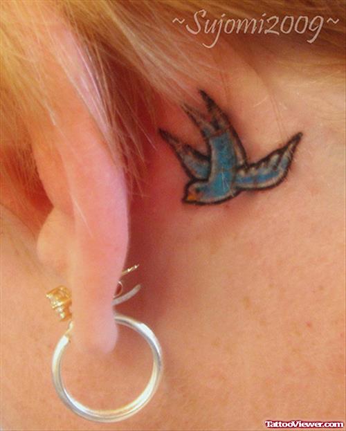 Small Blue Bird Flying Back Ear Tattoo