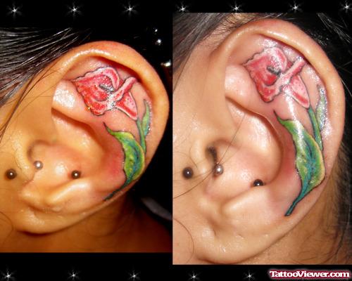 Red Lily Flower Ear Tattoo