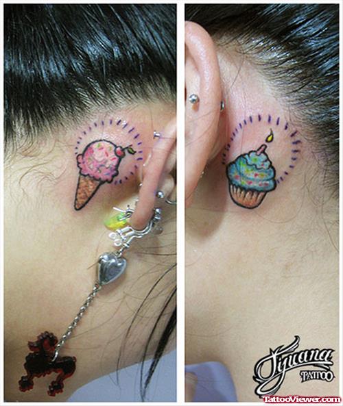 Ice Cream Cone And Cup Behind Ear Tattoo