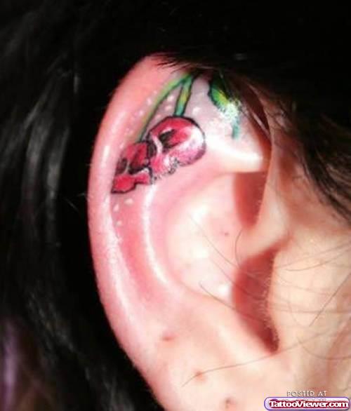 Red Cherry Skulls Ear Tattoo