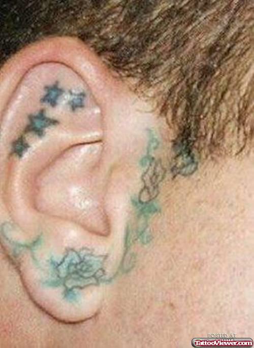 Blue Stars And Blue Rose Ear Tattoo