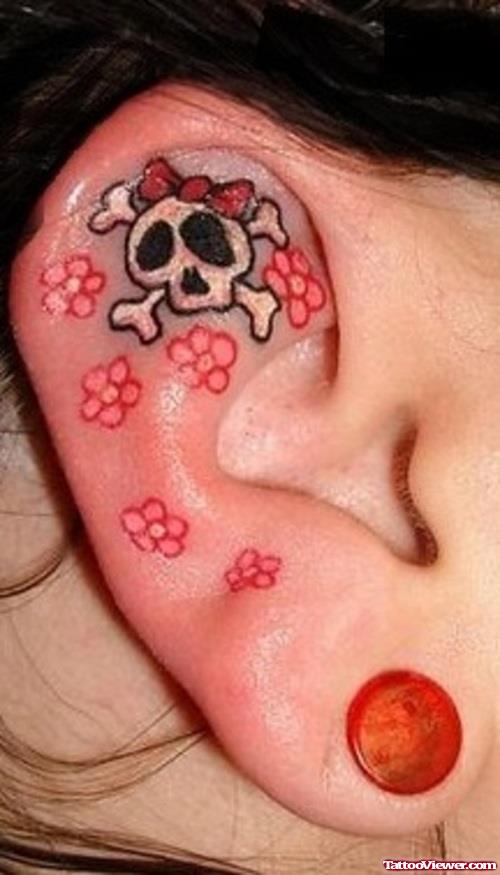 Flowers And Skull Ear Tattoo