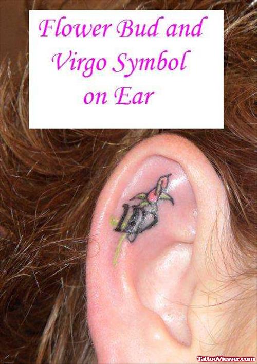 Flower Bud And Virdo Zodiac Sign Ear Tattoo