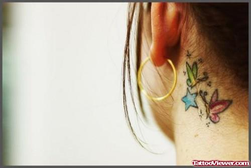 Colored Butterflies And Stars Behind Ear Tattoo