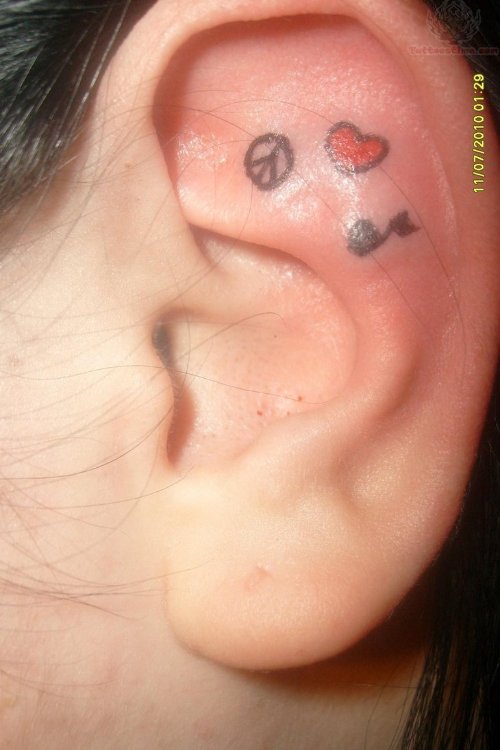 Peace Symbol Heart And Music Note Ear Tattoos