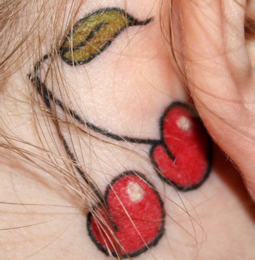 Red Ink Cherry Ear Tattoos