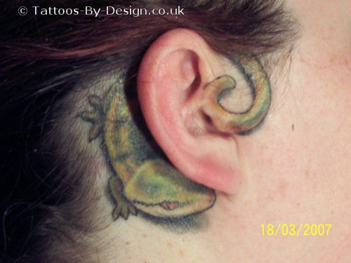 Gecko Lizard Behind Ear Tattoo
